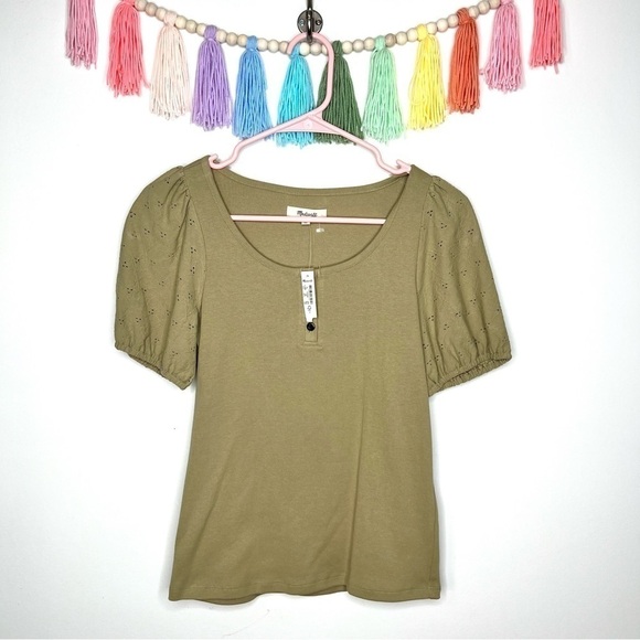 Madewell Olive Green Eyelet Sleeve Henley Short Sleeve Top Size Extra Small NWT - Picture 2 of 15